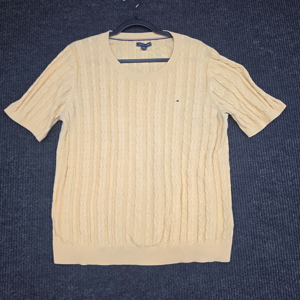 Tommy Hilfiger Yellow Short Sleeve Cable Knit Sweater XL Scoop Neck Cotton Blend